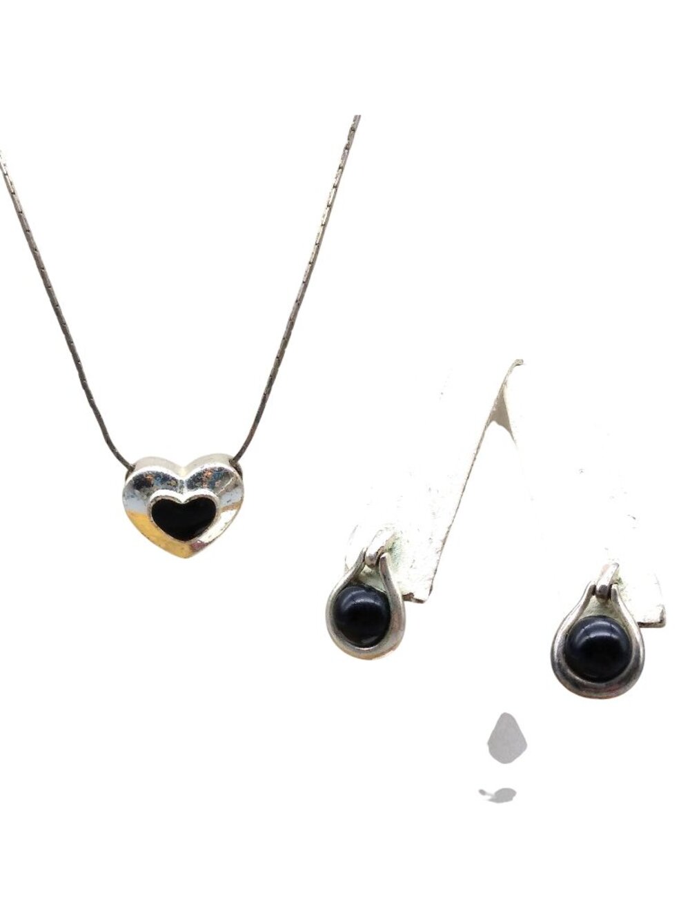 Vintage Black Enamel Heart Pendant Necklace and Drop Stud Earrings